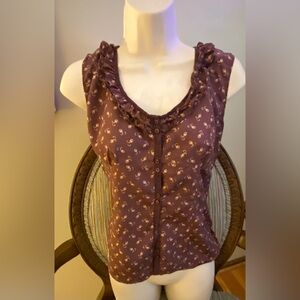 GAP Brown Floral Button Down Blouse with Ruffle Trim